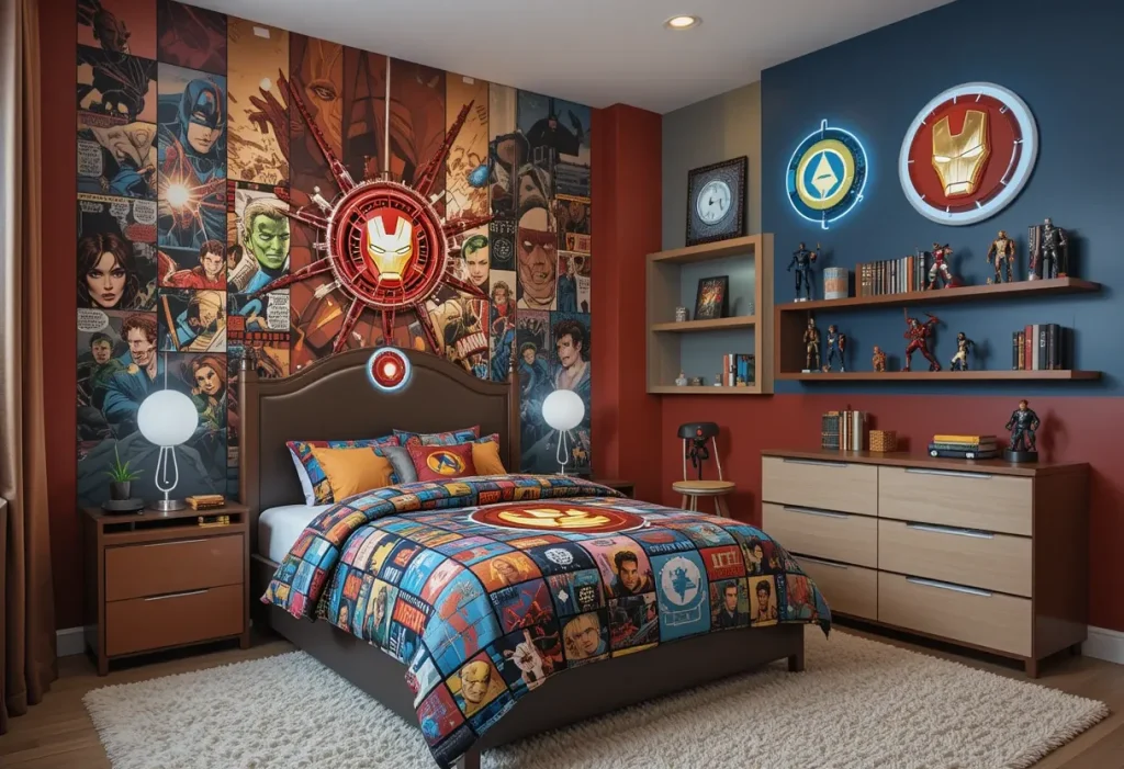 A colorful bedroom with superhero posters, character-themed bedding, and wall decals of comic icons.