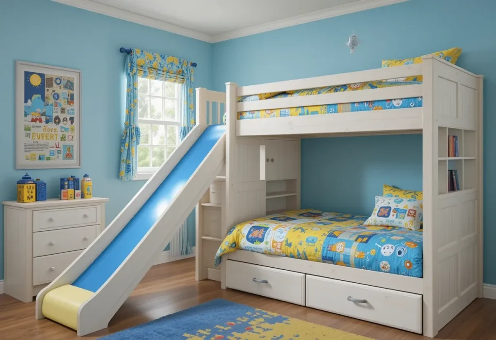 Fun shared bedroom with bunk beds featuring a slide, built-in drawers, and themed bedding.