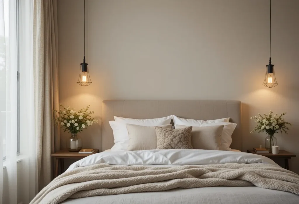 Soft ambient lighting with a dimmable lamp setting a calm guest room mood.
