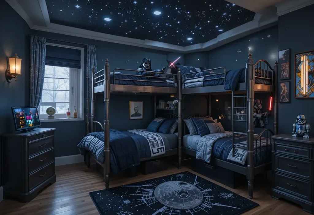 Star Wars-themed bunk room with space bedding, lightsaber lights, and glow-in-the-dark stars.