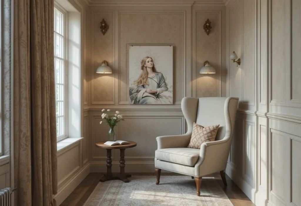 Reading nook with a compact armchair and soft lighting.