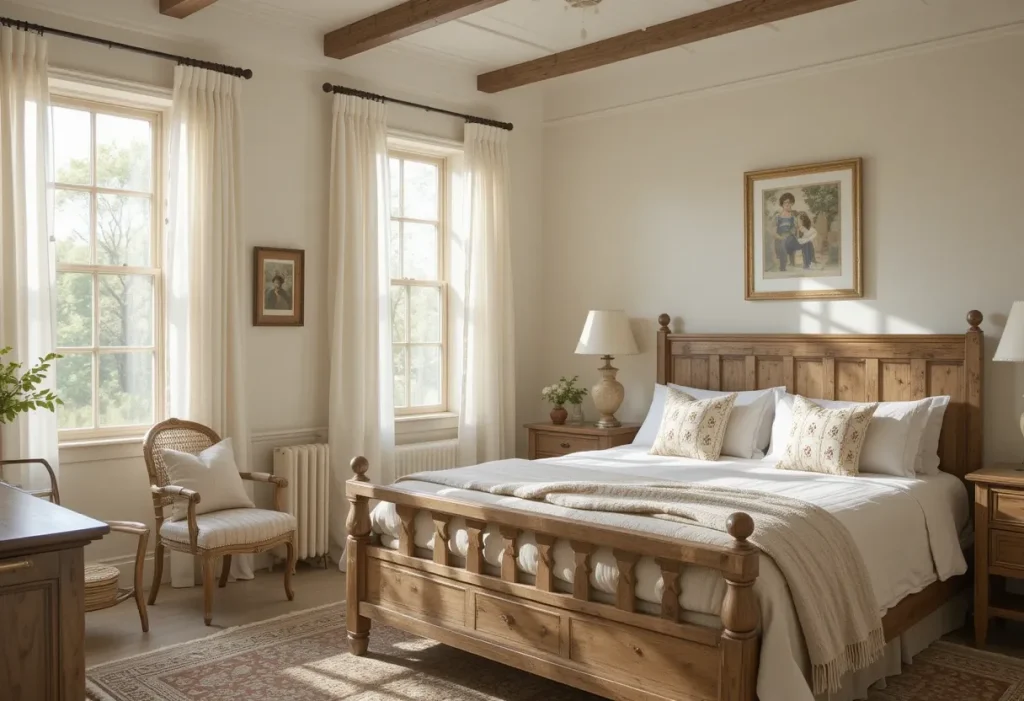 Room with soft linen curtains, wood furniture, and a light, airy farmhouse feel.