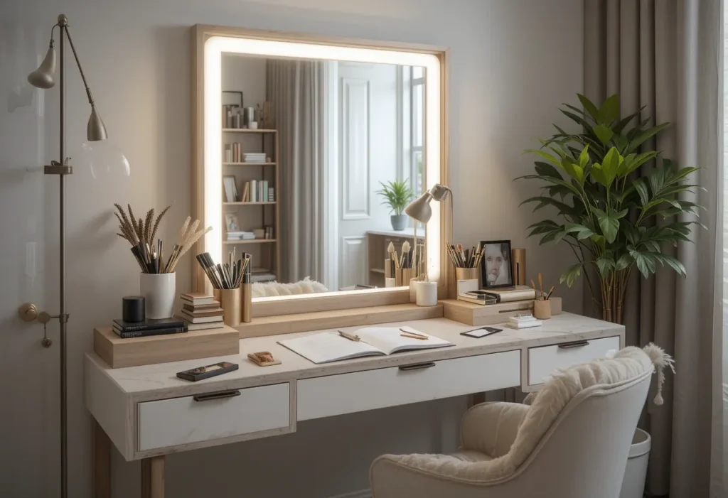 Dual-use desk serving as both vanity and study table, with a lighted mirror, trays, and stylish chair in a small room.