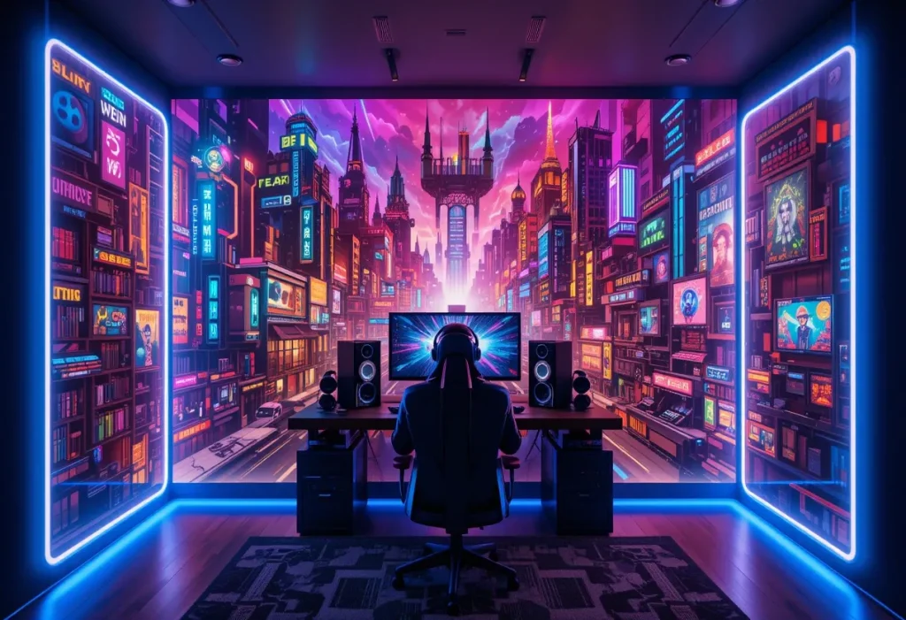 Striking wall mural inspired by a video game world, set as a backdrop for a glowing gaming desk setup.
