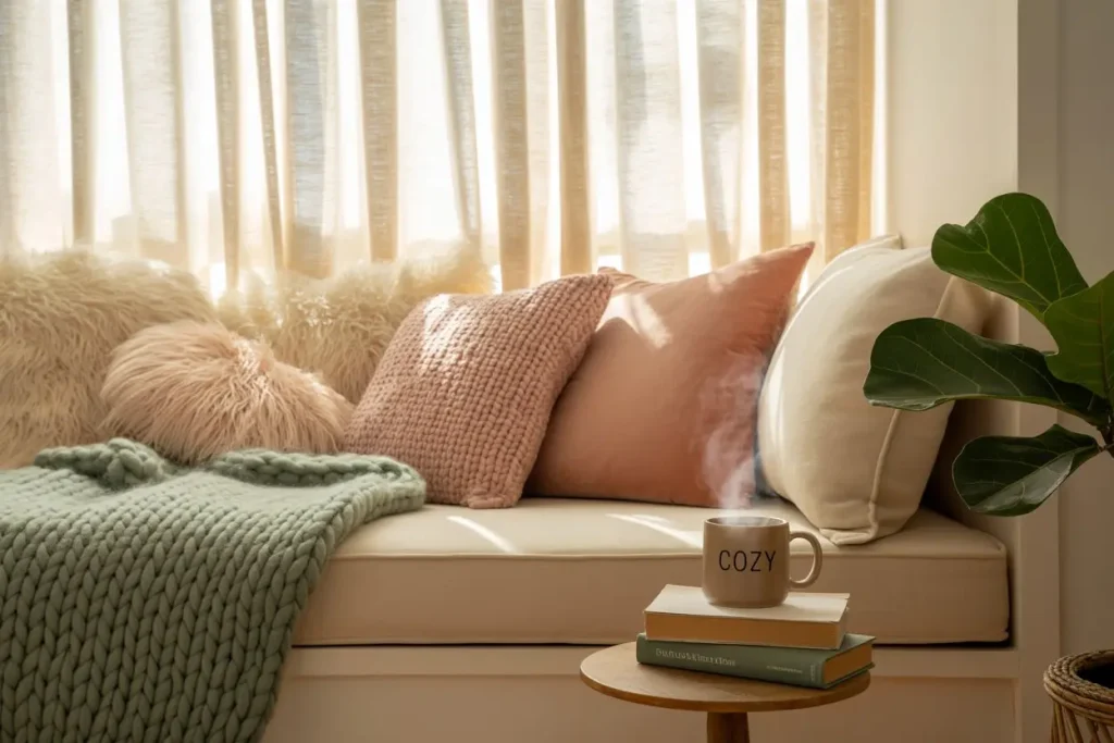 "Bedroom with warm wood furniture and earthy tones, creating a calm and cozy natural feel."