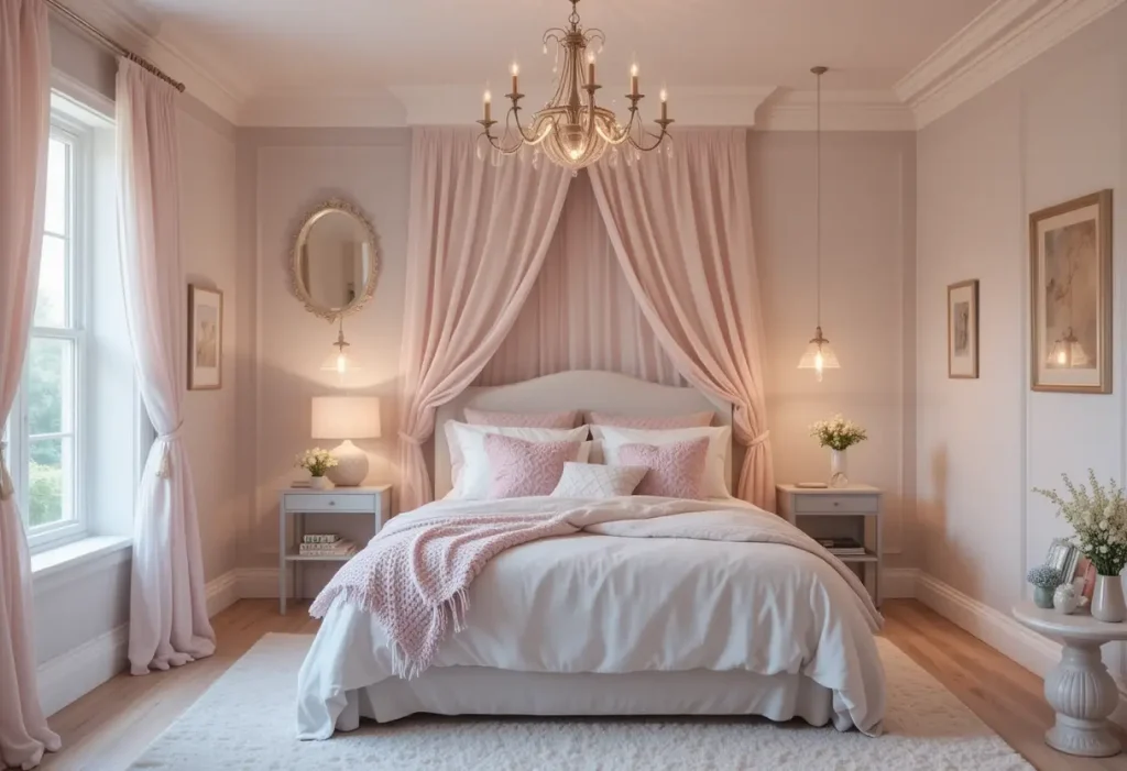 "Soft guest room in pastel shades like blush and mint, with dreamy lighting and whimsical touches."