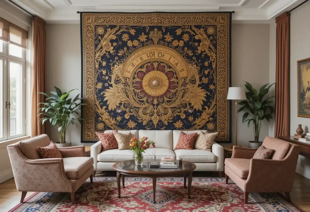 Bedroom decorated with vintage-style furniture, floral accents, and soft lighting.