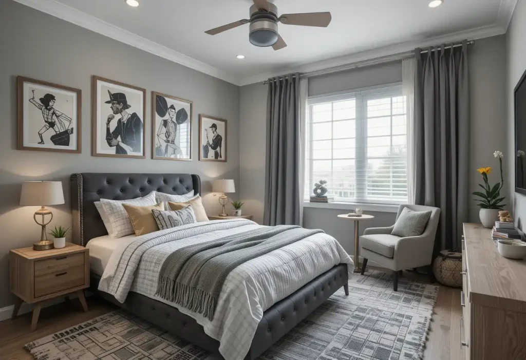 A skate-themed boy’s room with deck shelves, graffiti art, and metal storage.