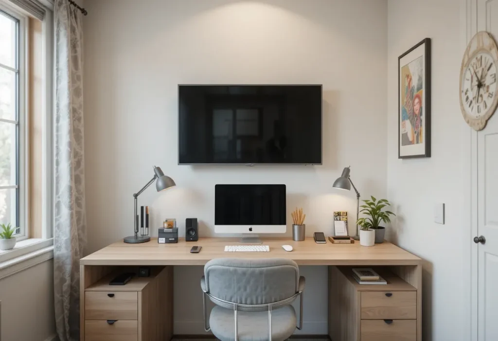 TV mounted above a small brown-toned desk doubling as a workspace in a bedroom.