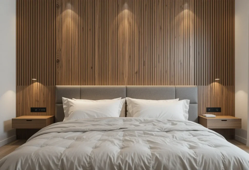 Vertical wood wall panels behind a bed in a modern bedroom, adding warmth and texture.
