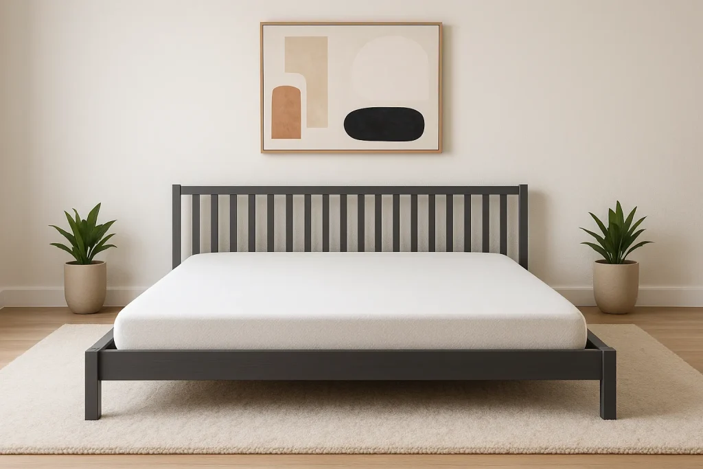 Dark grey slatted platform bed in a minimalist room with low mattress, abstract wall art, and a soft rug.
