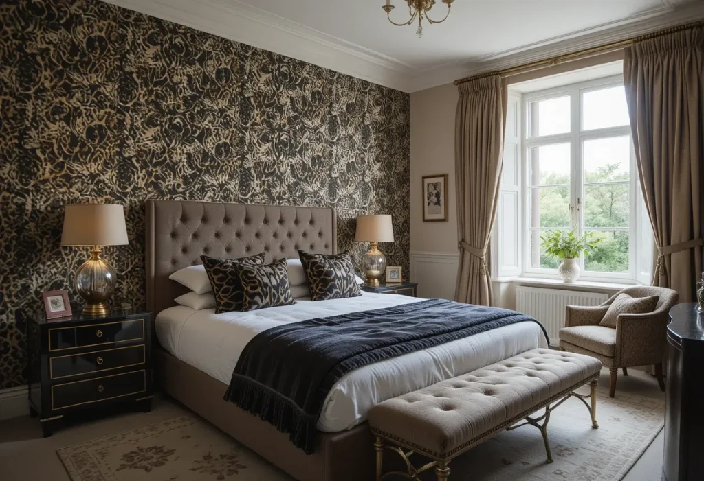 Glam bedroom with leopard print wallpaper, velvet textiles, and gold accessories.