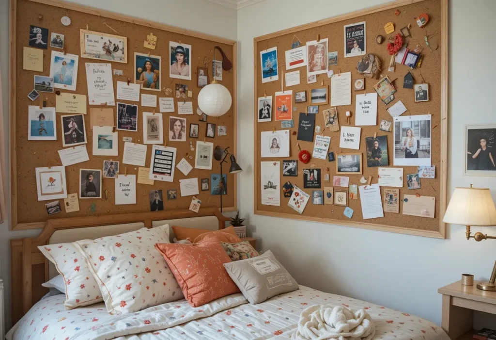 Creative bedroom wall with a large blank corkboard panel, no items pinned, clean and ready for customization.