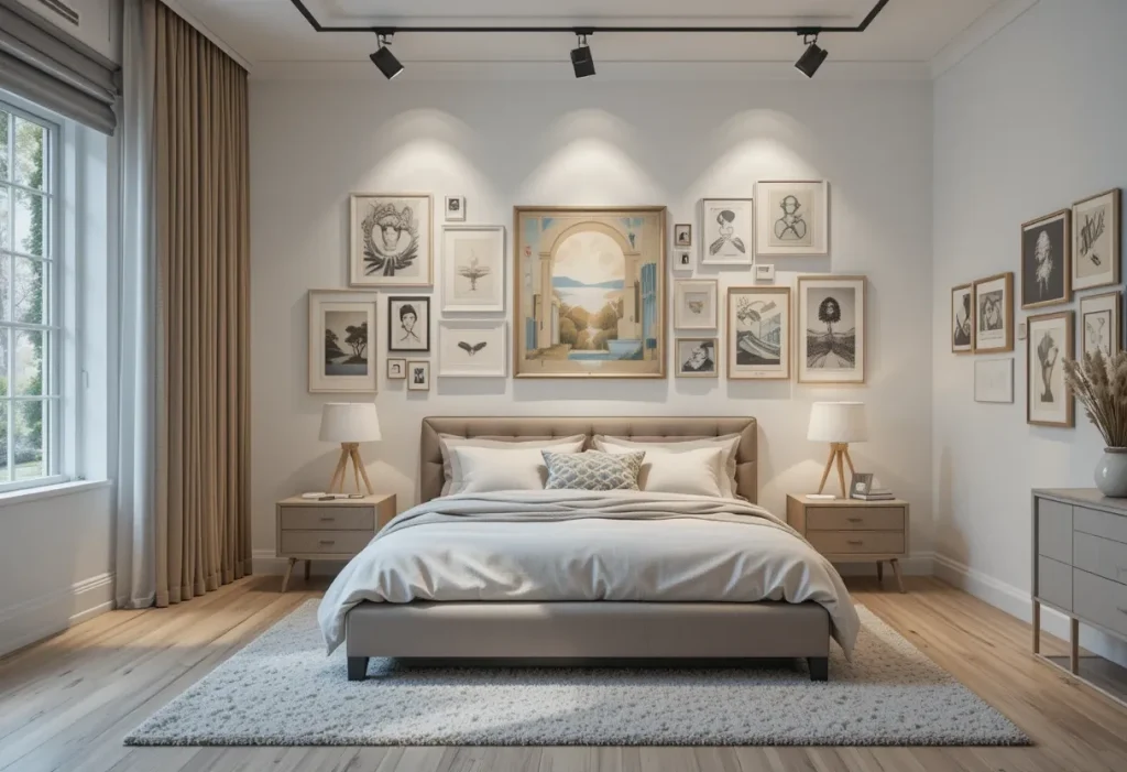 Modern bedroom featuring a gallery wall with framed art and minimal decor.