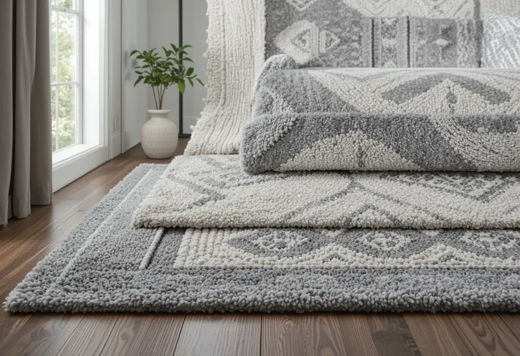 Layered grey rugs in guest bedroom with simple furniture