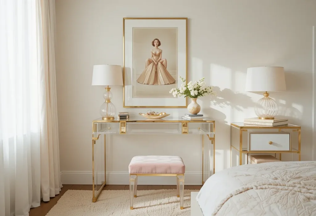 Modern luxe bedroom with a clear Lucite vanity, gold trim, blush stool, and statement wall art.