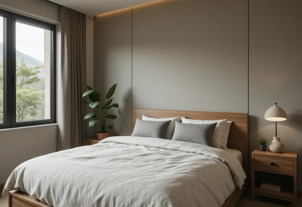 “Men’s small bedroom with one green plant adding a fresh touch.”