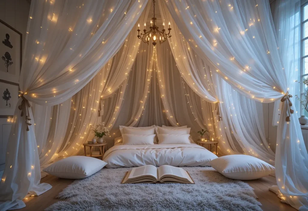 Ceiling-hung sheer canopy draped over floor pillows with fairy lights inside for a dreamy reading space.