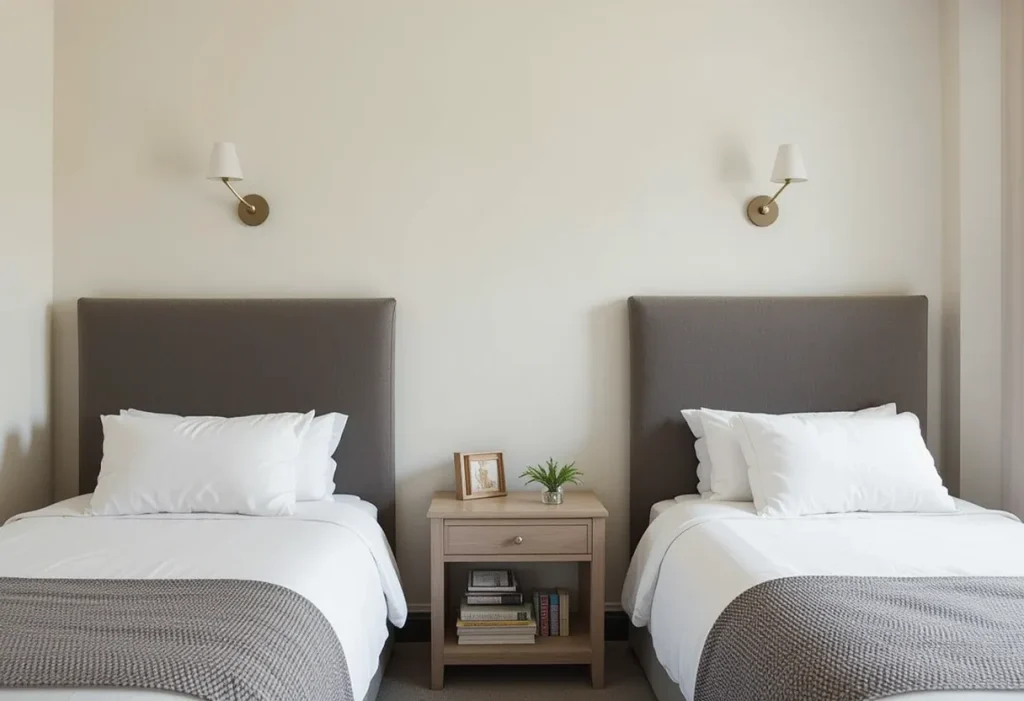 Fun shared bedroom with bunk beds featuring a slide, built-in drawers, and themed bedding.