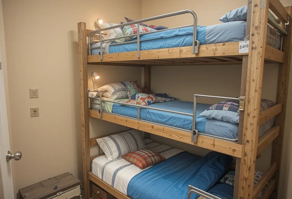 Triple-stacked bunkbed with safety rails, color-coded linens, and personal reading lights.