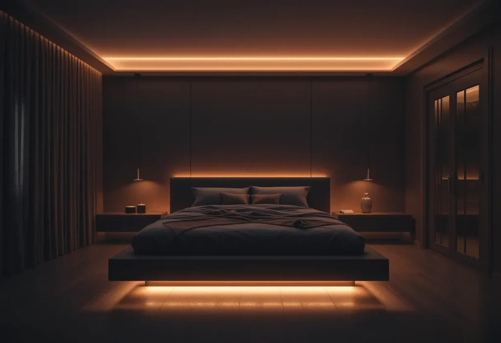 Dark cozy bedroom with soft under-bed lighting creating a romantic and floating effect.