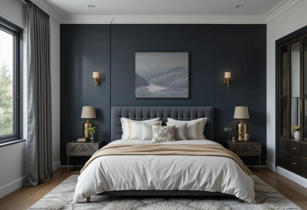 Bedroom with dark accent wall behind a light-toned bed.