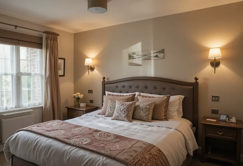 Matching wall-mounted sconces installed above a bed, replacing traditional bedside lamps.