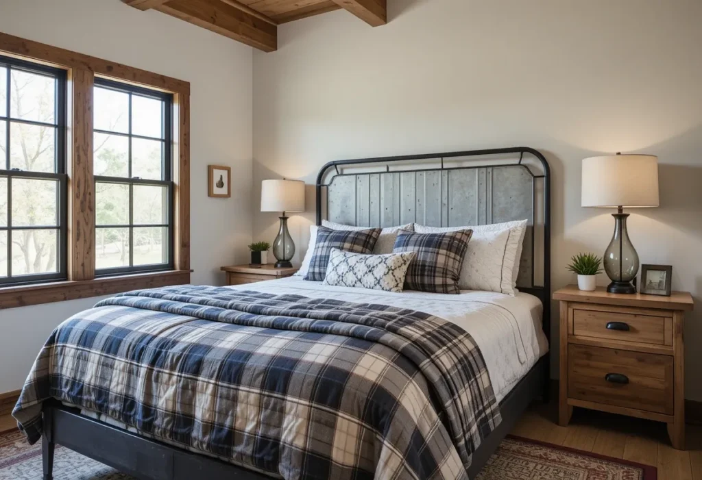 Bedroom with a galvanized metal headboard and rustic plaid bedding.