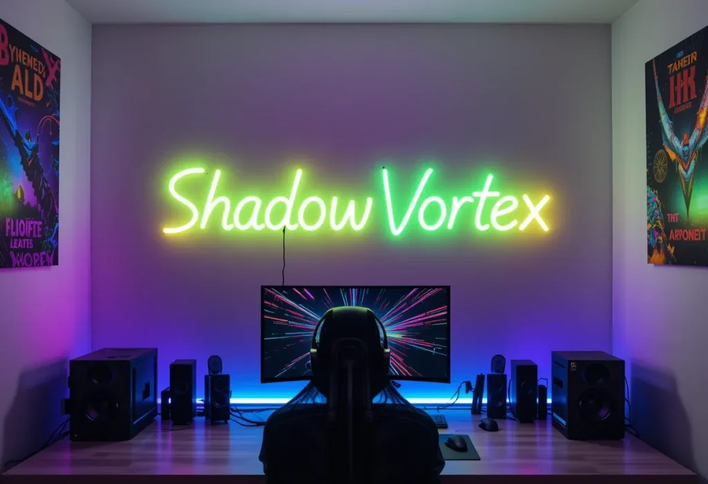 Custom RGB LED sign displaying a gamer tag, mounted above a gaming desk with matching lighting.
