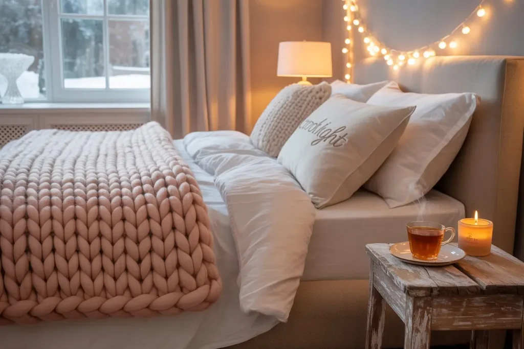 "Bedroom with a chunky knit throw blanket on the bed, adding warmth, softness, and cozy texture."