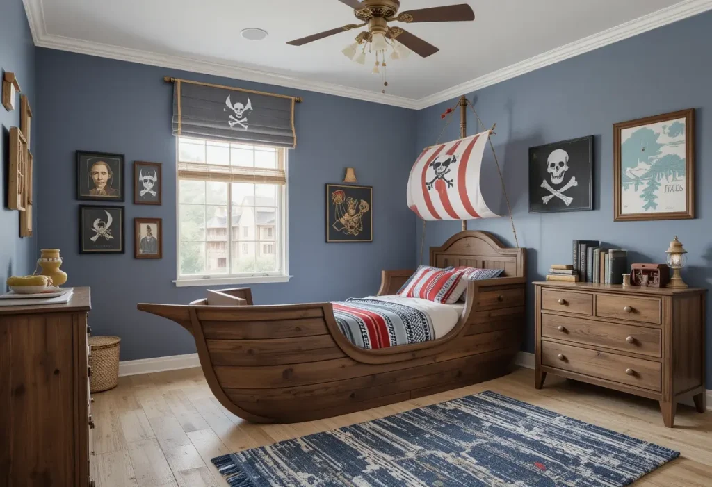 "Toddler room with pirate ship bed, treasure maps, and nautical decor for a pirate adventure theme."