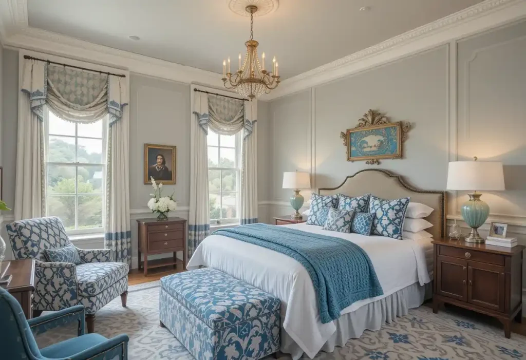 "Classic-style guest room with traditional furniture and unexpected modern accents or bold patterns."