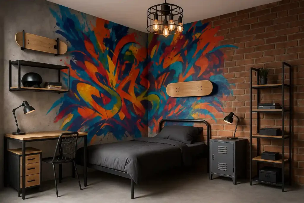 A prehistoric-themed room with a T-Rex wall decal, fossil bedding, and dino lamps.