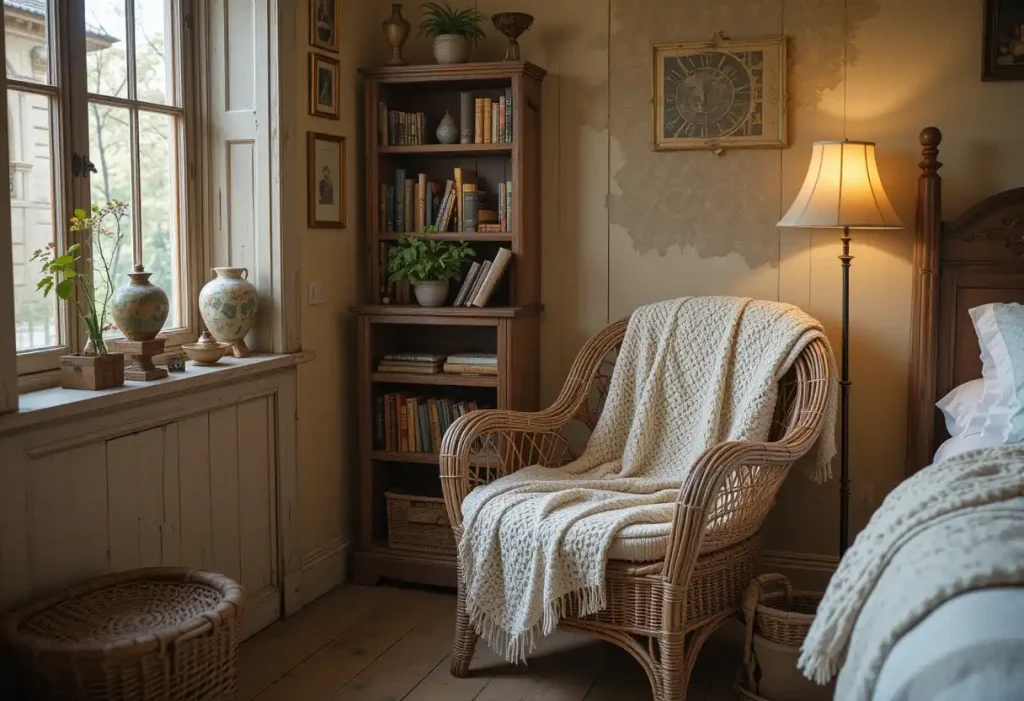 Reading nook with wicker chair, blanket, and lamp in a rustic guest room corner.