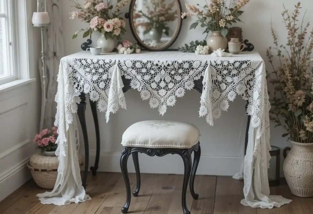 Black wrought-iron vanity softened with lace cloth and floral decor.
