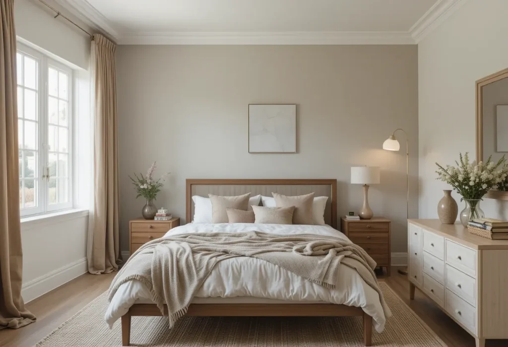 Airy bedroom with coffee-colored linen curtains, white sheers, and soft natural light.