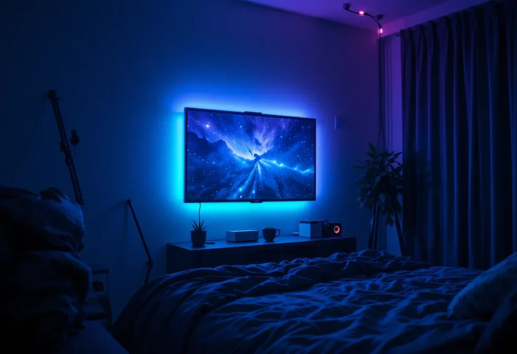 TV with glowing LED backlighting in a softly lit brown bedroom setting.