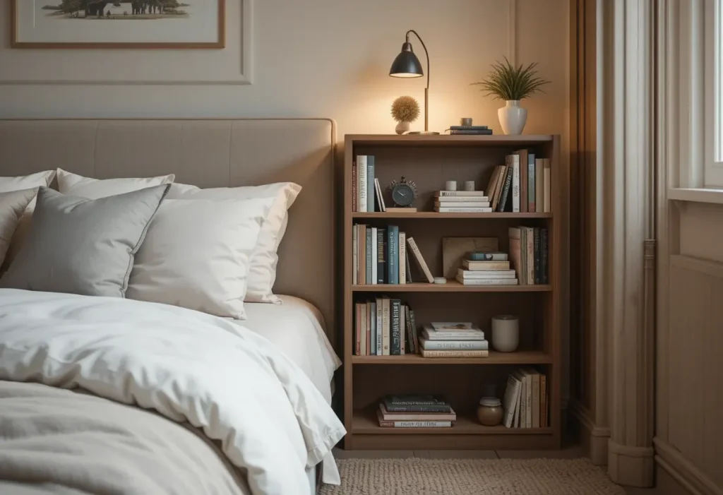 "Cozy small bedroom using a mini bookshelf as a nightstand, blending storage with bedside essentials in a stylish, space-saving way.