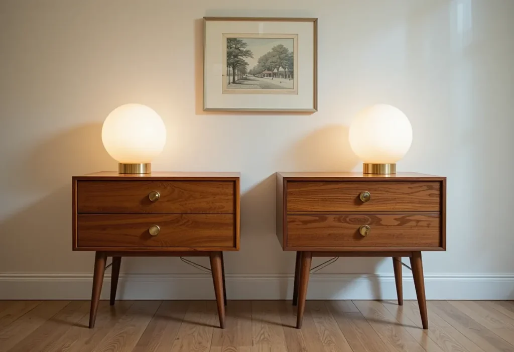 Mid-century walnut nightstand with tapered legs, styled with a retro lamp and framed art.