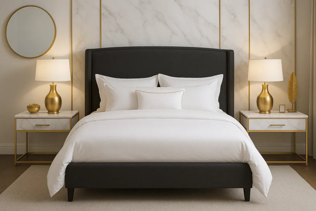 Grey bed frame with gold lamps, white bedding, marble accents, and a glam modern bedroom aesthetic.