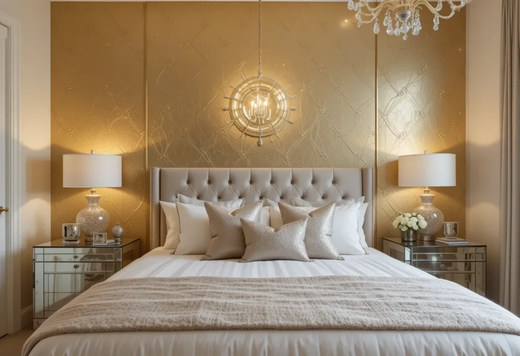 Luxurious bedroom with shimmering metallic wallpaper and mirrored furniture.