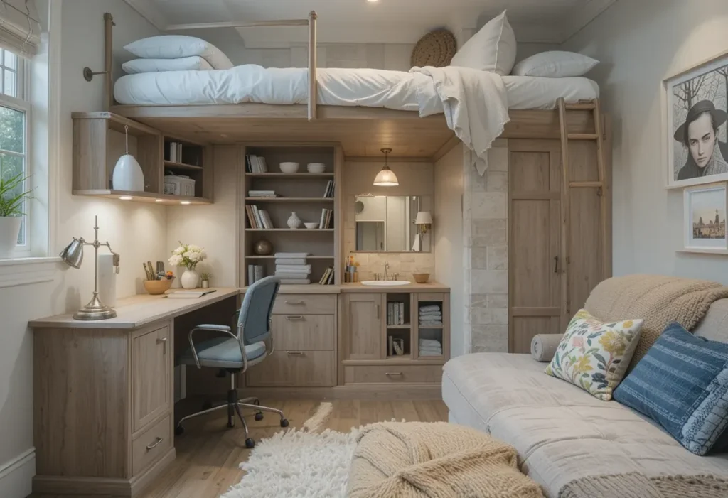 Small bedroom with lofted bed and smart storage layout designed for efficiency.