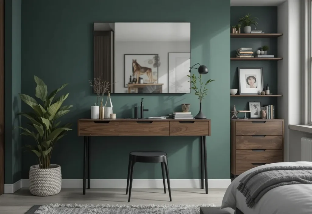 Stylish bedroom with a two-tone black and walnut vanity, round mirror, and green feature wall.