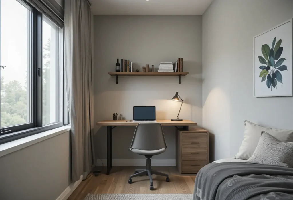 “Small men’s bedroom with a minimalist, space-saving desk setup in the corner.”