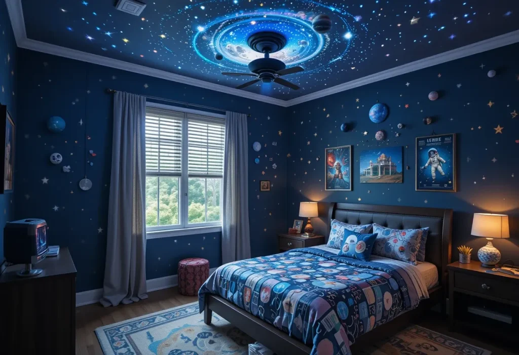 A space-themed bedroom with glow-in-the-dark stars, galaxy wall art, and astronomy posters.