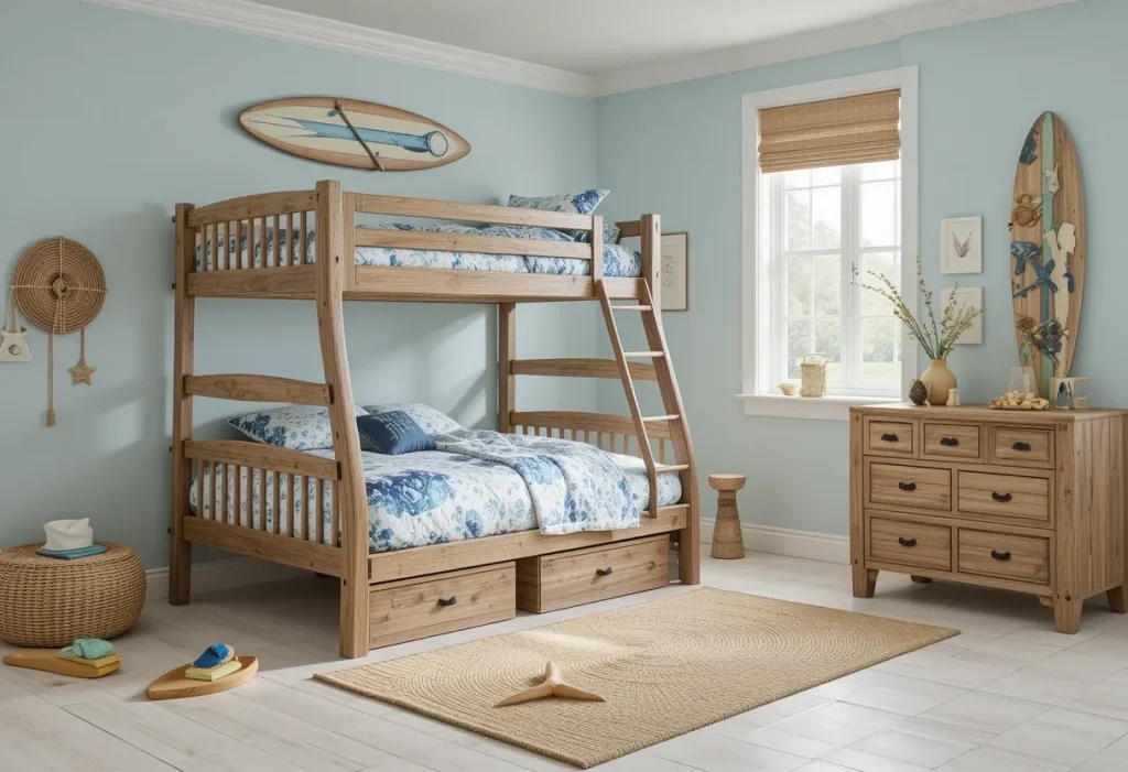 Beach-themed bedroom with driftwood bunkbed, surfboard decor, and wave-pattern bedding.