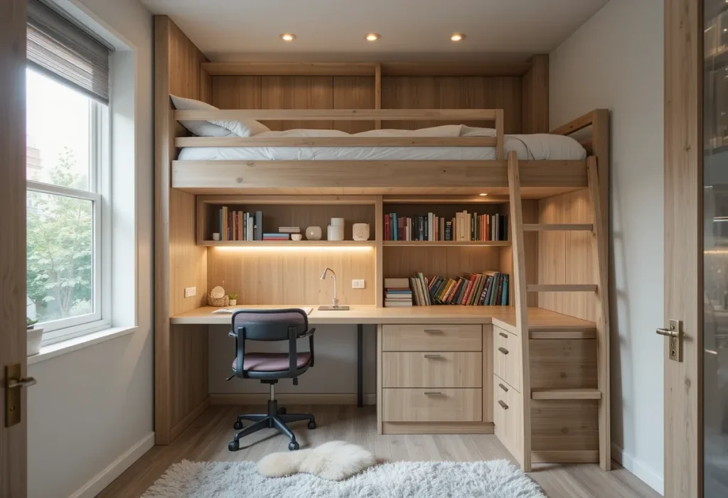 Sturdy loft bed with a full desk setup below it, creating a dual-purpose sleep and work zone.