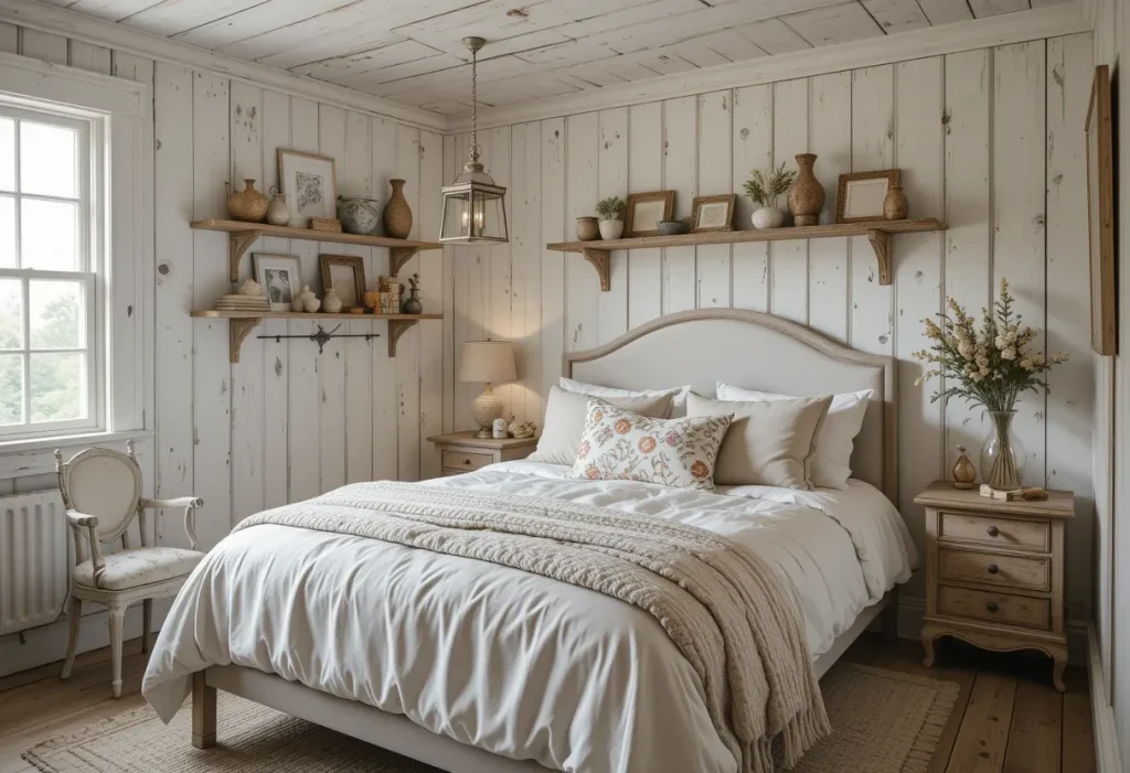 Guest room with whitewashed wood panel walls, reclaimed decor, and soft lighting.