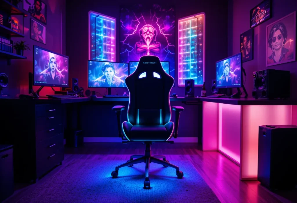 RGB-lit gaming chair with ergonomic features glowing in sync with the surrounding RGB desk setup.
