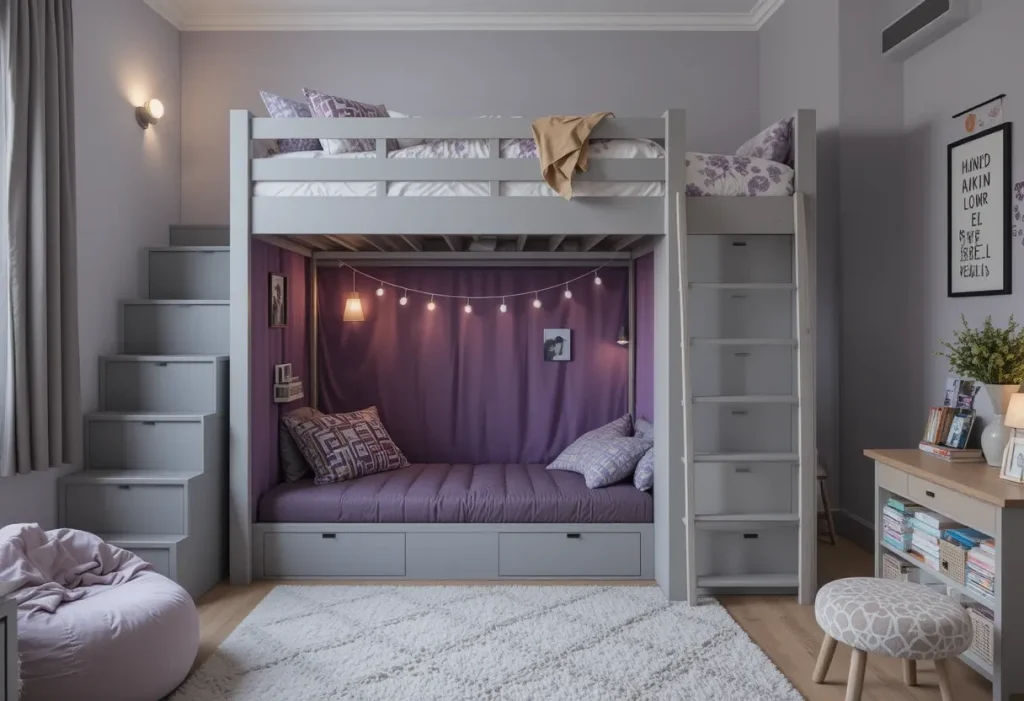 Full room view of a bold purple-painted dresser with grey hardware and neutral surroundings.
